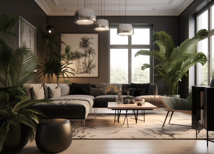 Plants In Black And Beige Living Room