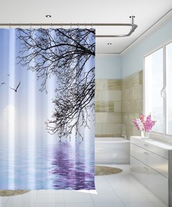 3D Lake Tree Shower Curtain - Waterproof Fiber for Bathroom Decor