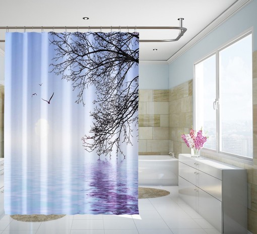 3D Lake Tree Shower Curtain - Waterproof Fiber for Bathroom Decor