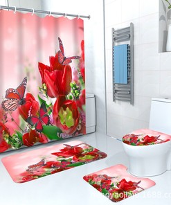 3D Rose Flowers Butterfly Bathroom Shower Curtain Home Decor