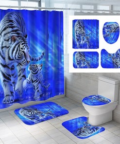 3D Tiger Blue Pedestal Bathroom Shower Curtain Home Decor