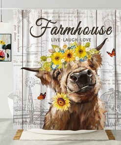 3D Yak Cattle Cow Butterfly Flowers Print Bathroom Curtain for a Vibrant Bathroom Decor