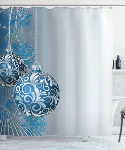 Abstract Christmas Shower Curtain, Pattern Snowflake Motifs Curlicues on Baubles Season in Blue Pale Blue White Bathroom Decor