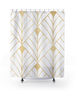 Abstract Diamond Pattern Shower Curtain - Art Deco Fresh Modern Bath Decor in White and Gold