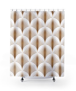 Abstract Fan Pattern Shower Curtain - Geometric Print Fresh Modern Bathroom Decor in White and Gold