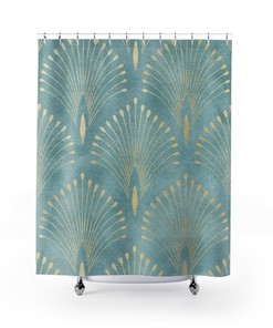 Abstract Fan Pattern Shower Curtain - Geometric Print Vintage Bathroom Accessory in Ocean Blue Green and Gold