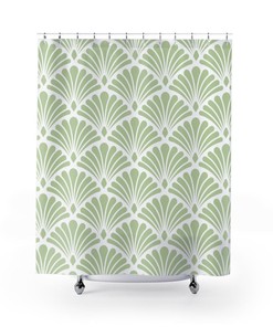 Abstract Fan Pattern Shower Curtain - Geometric Print Vintage Bathroom Accessory in Sage Green and White