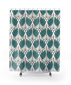 Abstract Fan Pattern Shower Curtain - Geometric Print Vintage Bathroom Accessory in Teal Blue Green and White