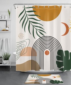 Abstract Green Leaf Sun Moon Mid Century Shower Curtain for Unique Bathroom Decor