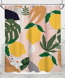 Abstract Lemon Shower Curtain with Tropical Palm Fruit Leaves, Aesthetic Geometric Leaf for Bathroom Decor