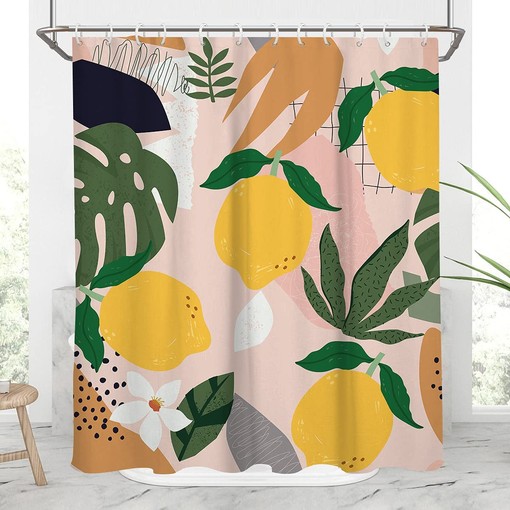 Abstract Lemon Shower Curtain with Tropical Palm Fruit Leaves, Aesthetic Geometric Leaf for Bathroom Decor