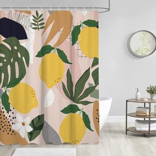 Abstract Lemon Shower Curtain with Tropical Palm Fruit Leaves, Aesthetic Geometric Leaf for Bathroom Decor - Image 2