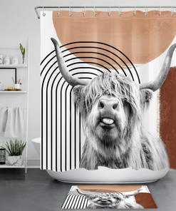 Abstract Mid Century Highland Cow Shower Curtain for Creative Bathroom Decor