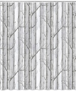 Abstract Tree Shower Curtain - Grey White Abstract Birch Forest Bird Country Nature Landscape Bathroom Decor Curtain