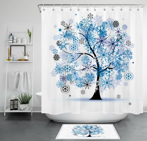Abstract Tree Shower Curtain with Blue Ice Crystal Snowflakes for a Winter-Inspired Bathroom Decor