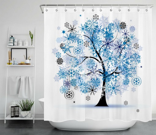Abstract Tree Shower Curtain with Blue Ice Crystal Snowflakes for a Winter-Inspired Bathroom Decor - Image 2