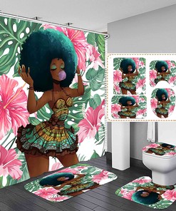 African American Bathroom Decor Shower Curtain Set with Tropical Black Girl