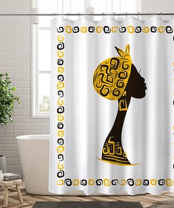 African American Boho Shower Curtain, Yellow and White Waterproof Fabric Bathroom Decor