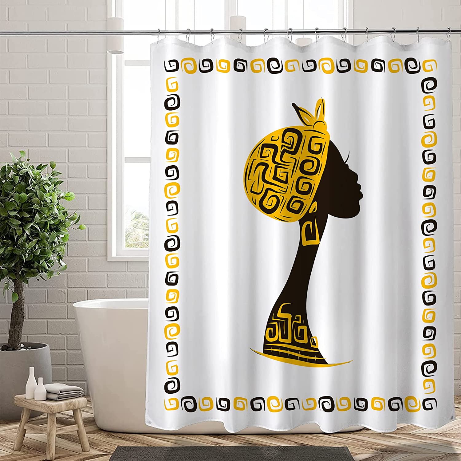 African American Boho Shower Curtain, Yellow and White Waterproof