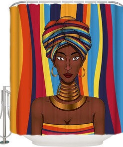 African American Pretty Girl Colorful Stripe Background Bathroom Shower Curtain - Waterproof Fabric