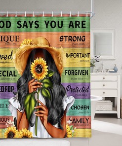 African American Queen God Says You are Shower Curtain with Sunflower and Rustic Wooden Design for Chic and Elegant Bathroom Decor