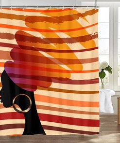 African American Women Shower Curtain with Tribal Stripes Print - Waterproof Fabric Bath Decor