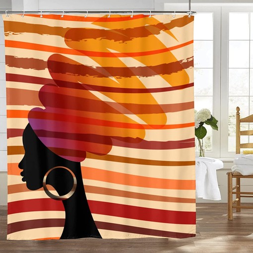African American Women Shower Curtain with Tribal Stripes Print - Waterproof Fabric Bath Decor