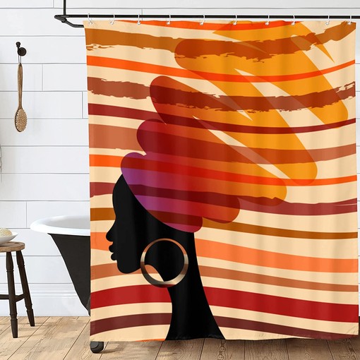 African American Women Shower Curtain with Tribal Stripes Print - Waterproof Fabric Bath Decor - Image 2