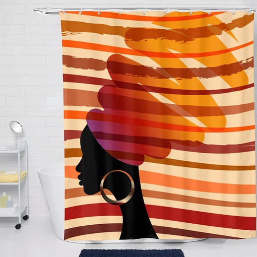 African American Women Shower Curtain with Tribal Stripes Print - Waterproof Fabric Bath Decor - Image 3