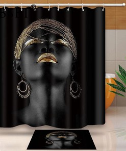 African Girls Shower Curtain, Dark Skin Girl Pattern Waterproof Bathroom Decor with Multi-Sized Curtain De Bano