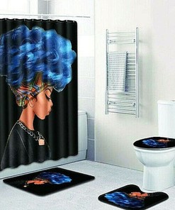 African Queen Blue Afro Shower Curtain and Toilet Seat Set for Your Bathroom Decor