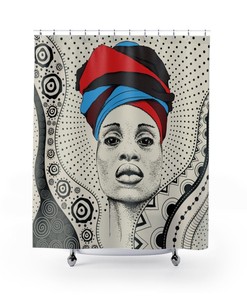 African in Turban Illustration Shower Curtain with Tribal Background for African American Bathroom Decor