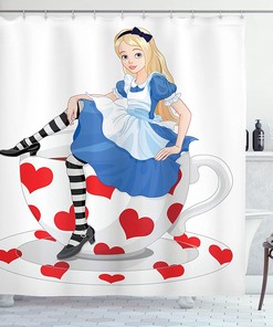 Alice in Wonderland Character Shower Curtain, Sea Blue and White Bathroom Decor