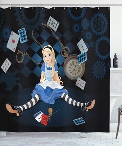 Alice in Wonderland Grown Giant Girl Shower Curtain, Cartoon Dark Blue Bathroom Decor
