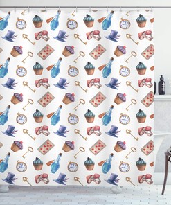 Alice in Wonderland Hanging Bottles Shower Curtain, Blue and Red Bathroom Decor