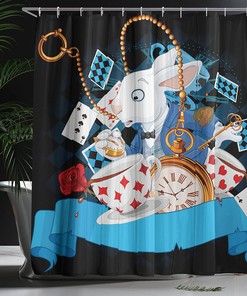 Alice in Wonderland Rabbit Heart Shower Curtain, Dark Blue Cartoon Bathroom Decor