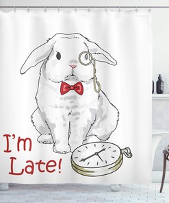Alice in Wonderland Rabbit with Watches Shower Curtain, White and Red Bathroom Decor