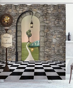 Alice in Wonderland White Rabbit Fantasy World Shower Curtain, Pink Black Yellow Bathroom Decor