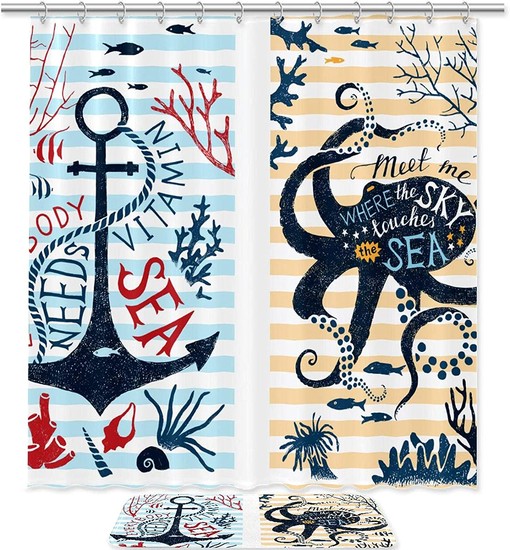 Anchor Octopus Waterproof Fabric Shower Curtain - Bathroom Curtain