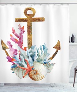 Anchor Shower Curtain, Corals Seaweed Underwater Life Diving Enjoyment Marine Print- Bathroom Decor