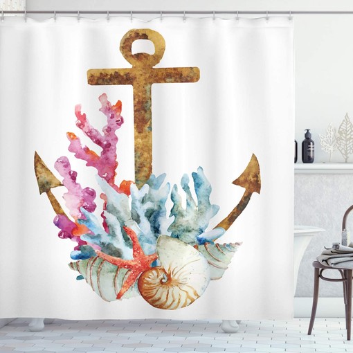 Anchor Shower Curtain, Corals Seaweed Underwater Life Diving Enjoyment Marine Print- Bathroom Decor