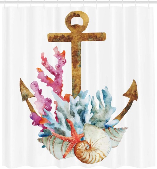 Anchor Shower Curtain, Corals Seaweed Underwater Life Diving Enjoyment Marine Print- Bathroom Decor - Image 2