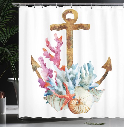 Anchor Shower Curtain, Corals Seaweed Underwater Life Diving Enjoyment Marine Print- Bathroom Decor - Image 3