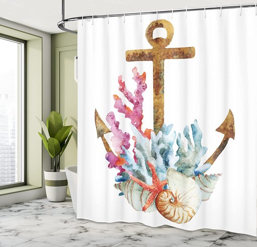 Anchor Shower Curtain, Corals Seaweed Underwater Life Diving Enjoyment Marine Print- Bathroom Decor - Image 4