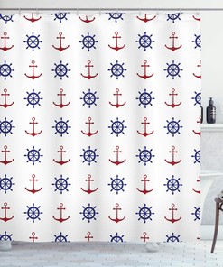 Anchor Shower Curtain, Maritime Design Anchors and Ship Wheels on Art Print- Home Decor