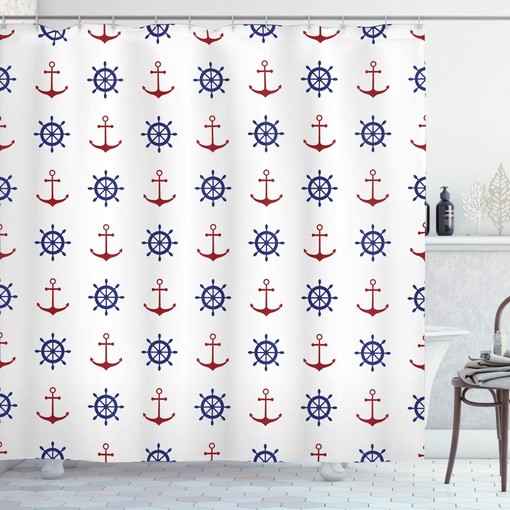 Anchor Shower Curtain, Maritime Design Anchors and Ship Wheels on Art Print- Home Decor