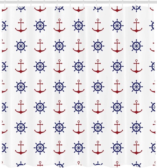 Anchor Shower Curtain, Maritime Design Anchors and Ship Wheels on Art Print- Home Decor - Image 2