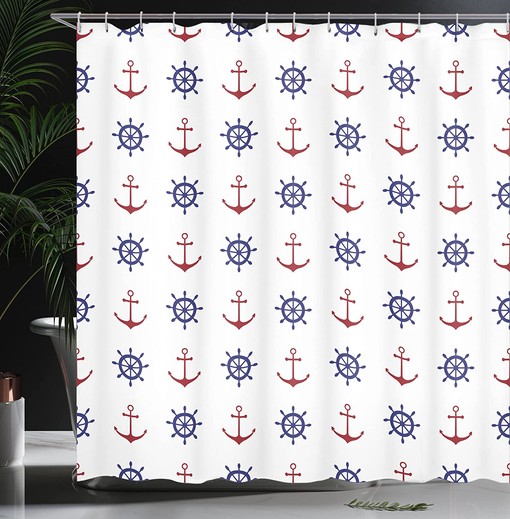Anchor Shower Curtain, Maritime Design Anchors and Ship Wheels on Art Print- Home Decor - Image 3