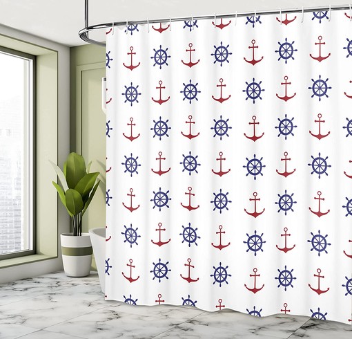 Anchor Shower Curtain, Maritime Design Anchors and Ship Wheels on Art Print- Home Decor - Image 4