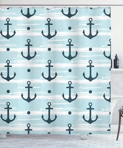 Anchor Shower Curtain, Pattern with Anchors Modern Adventurous Striped Coastline- Home Decor